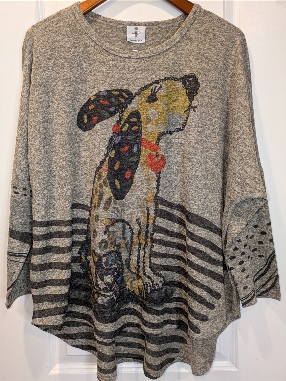 NWT Inoah Dog Print Tunic Top Large Gray Stripe Oversized Soft Knit